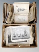 Two boxes of continental monochrome engravings, sheet music,