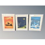 Danish School : A set of three colour lithographs depicting fishing boats, indistinctly signed,