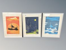 Danish School : A set of three colour lithographs depicting fishing boats, indistinctly signed,