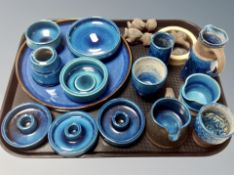 A group of glazed earthenware Danish ceramics including candle stands, jugs, plates,