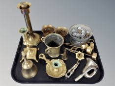 A group of brass and pewter, candlesticks, mortar, Danish coins,