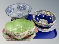A Maling blue lustre fruit bowl and two further pieces of Maling ware,