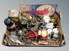 A box of enamel sign, tins, brass horn, hip flask,