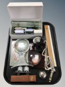 Assorted items including vintage whistle, rule, quantity of glass microscope slides, tins,