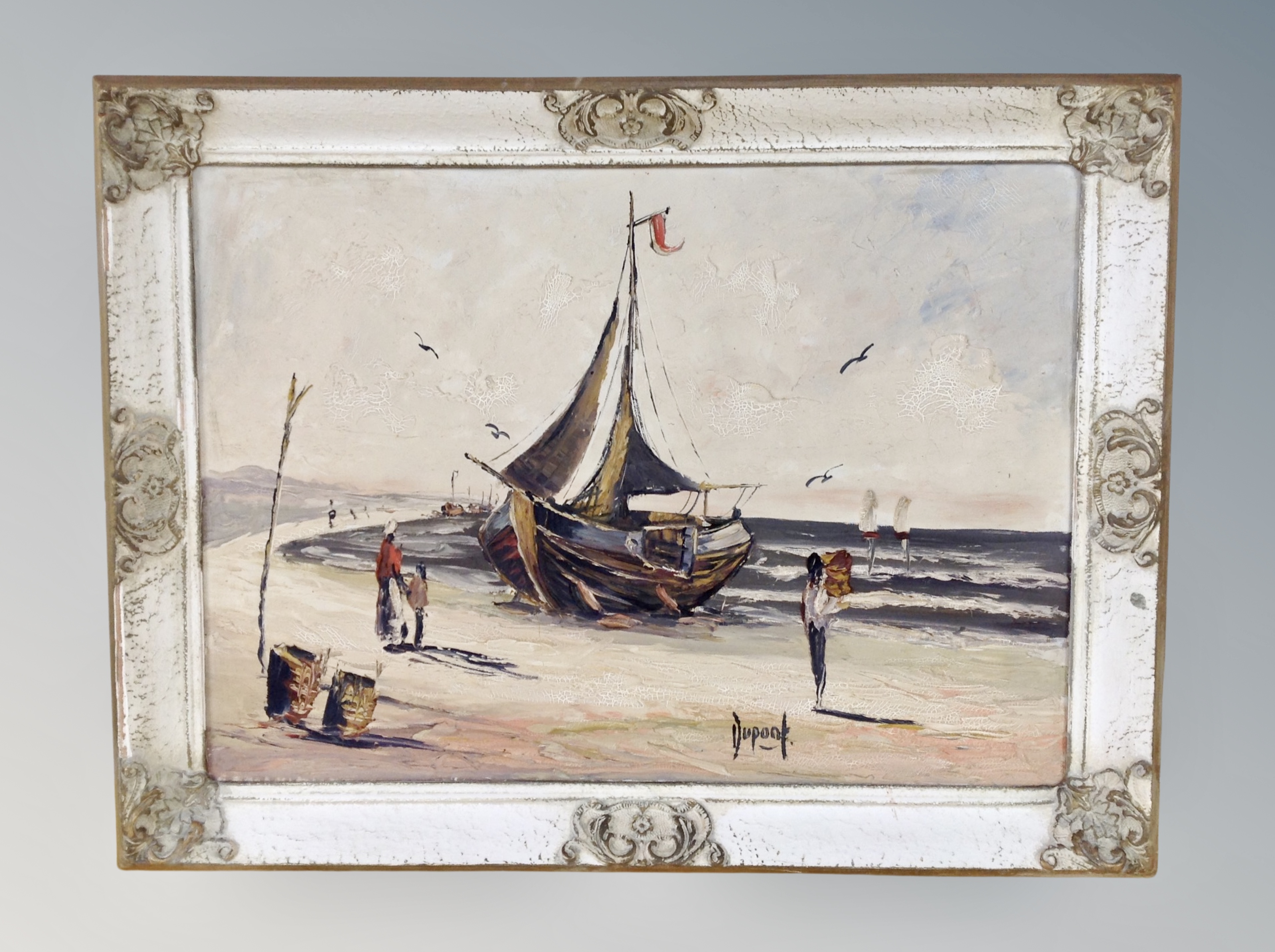 Dupont : Fishing boat moored on a beach, impasto oil on canvas,