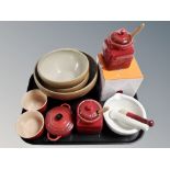 Two Le Creuset glazed ceramic preserve pots, two further ramekins, lidded bowl,