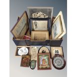 A box of antique and later pictures and prints, 19th century Continental engraving,