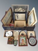 A box of antique and later pictures and prints, 19th century Continental engraving,