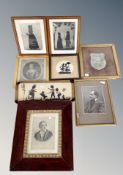 Two boxes of pictures and prints, silhouette pictures, 19th century engravings,