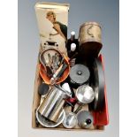 A box of Danish kitchenalia, bottle carrier,