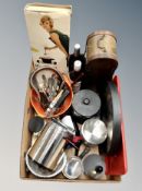 A box of Danish kitchenalia, bottle carrier,