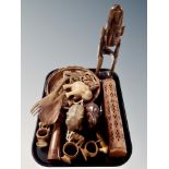 A group of ethnographic items, carved elephants, salad bowl, letter knife,