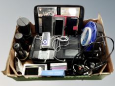 A box of mobile phones, torches, extension lead, power bank,