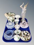 A collection of ceramics, Masons Chartreuse jug, Wedgwood blue jasperware trinket box,