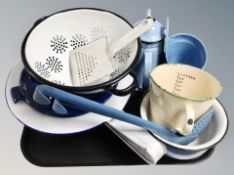 A group of 20th century Danish enamelled kitchen wares, measuring jug, teapot,
