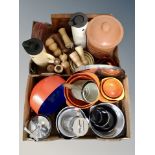 Two boxes of kitchen wares, glazed ceramic bread crock, turned wooden salt and pepper grinders,