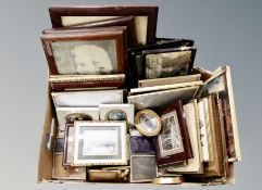 A box of assorted pictures and prints, monochrome photographs,