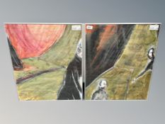 Danish School : Figures in abstract landscape, two watercolours,
