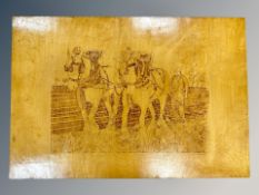 A decorative panel depicting a farmer ploughing a field,