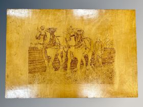 A decorative panel depicting a farmer ploughing a field,