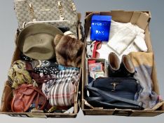 Two boxes of scarves, hand bags, fur stole, sun glasses,