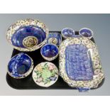 Seven pieces of Maling blue lustre china and a further ashtray