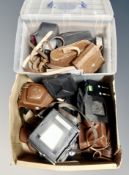 A box of vintage cameras, early 20th century plate camera, Houghton-Butcher camera,