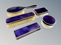 A good quality French silver and purple guilloche enamelled five-piece dressing table set