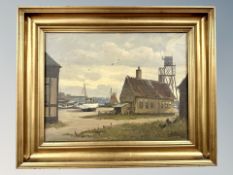 I Fischer : building by a coats, oil on canvas,