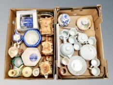 Two boxes of Brazilian porcelain tea china, Ringtons blue and white ceramics,