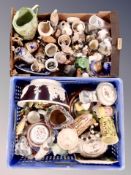 Two boxes containing 20th century ceramics, Japanese export china, bird ornaments,