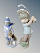 A Lladro figure of a boy with golf club and a further figure of a boy with dog (2)