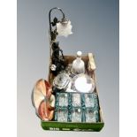 A boxed set of six crystal tumblers, silver plated teapot on stand, contemporary figural lamp,