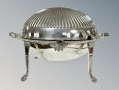 A good quality silver plated dome top entrée dish on paw feet,
