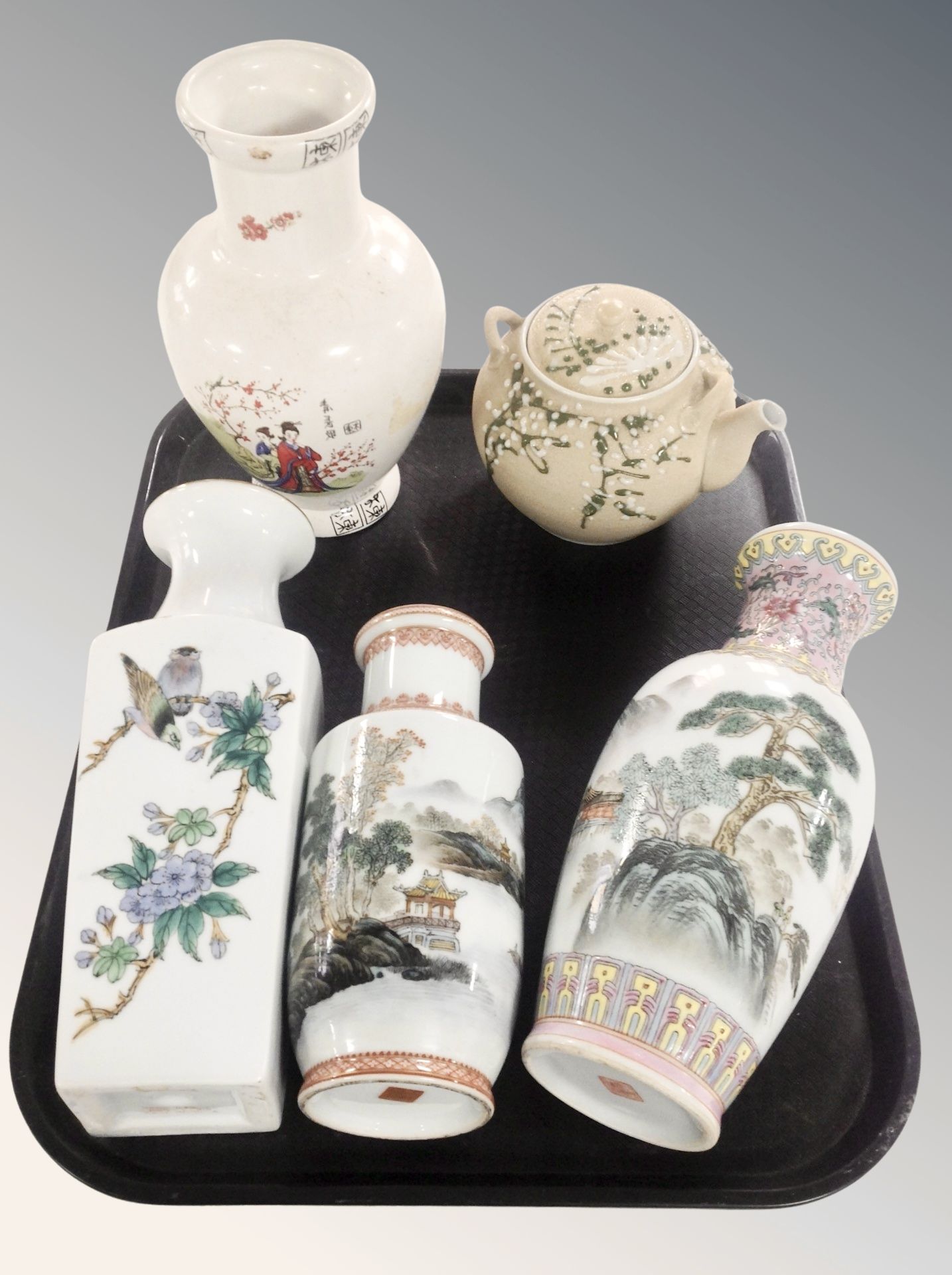 Four 20th century Chinese porcelain baluster vases and earthenware teapot