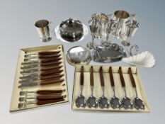 A group of silver plated wares, tankards, goblets, dish with cover, stainless steel butter dish,