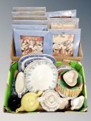 Two boxes of contemporary wooden picture frames, Willow pattern meat plates, majolica dish,