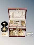 A jewellery box containing costume jewellery, dress rings,
