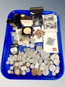 A collection of coins, crowns, Ronson lighter, vintage Brinco wire stapler model No.
