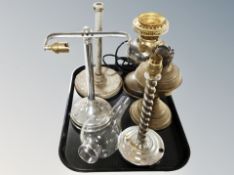 Two brass oil lamp bases (one converted) glass chimney and three early 20th century chrome lamp