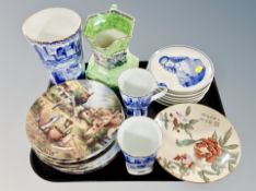 A Maling green lustre jug, Ringtons blue and white vase and further pair of mugs,