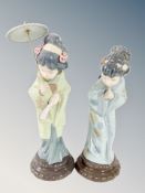 Two Lladro figures of Geisha, one holding a parasol,
