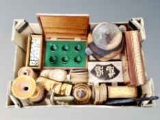 A collection of treen, biscuit barrel, boxes, coasters, vases, set of dominoes,
