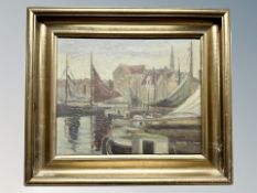 Danish school, oil on canvas, boats in a harbour,