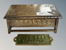 A brass plaque 'Free Beer Tomorrow', width 18cm,