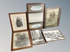 Six antiquarian oak framed pictures including monochrome photographs,
