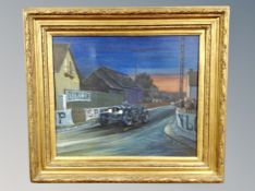 An oil painting depicting a motor race in heavy gilt frame,