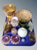 An amber glass studio vase together with other glass ware, carnival glass dish,