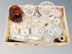A box of 20th century crystal, vases, candlesticks,