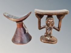 A Luba carved wooden headrest, Democratic Republic of the Congo, and another African headrest,